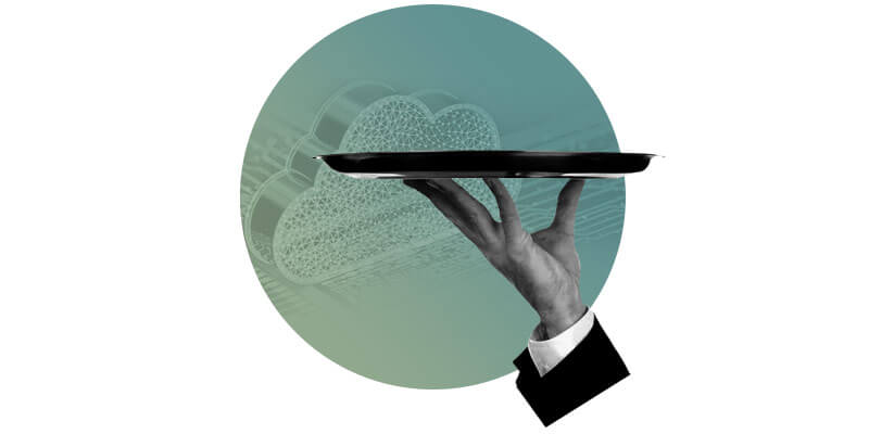 A stylized image of a hand in a formal suit holding a serving tray, with a digital cloud structure in the background, symbolizing quantum cloud computing services