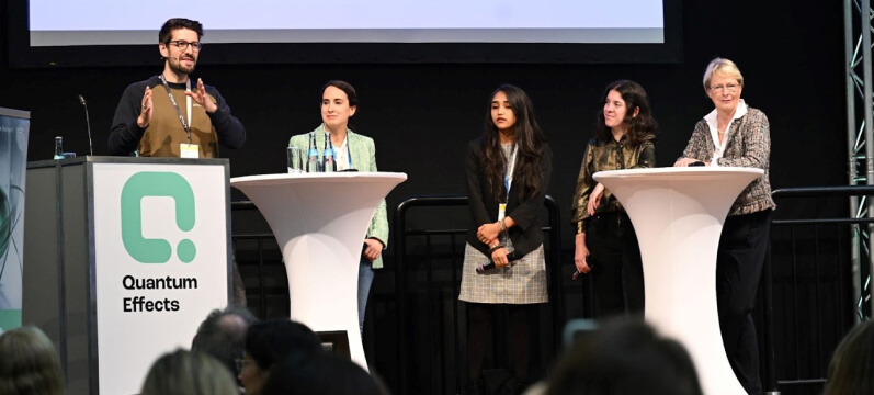 Panel Discussion at Quantum Effects: Stefan Seegerer in conversation with Esperanza Cuenca Gómez, Somya Rathee, PhD Marta Pascual Estarellas, Dr. Katrin Kobe. Source: Messe Stuttgart.